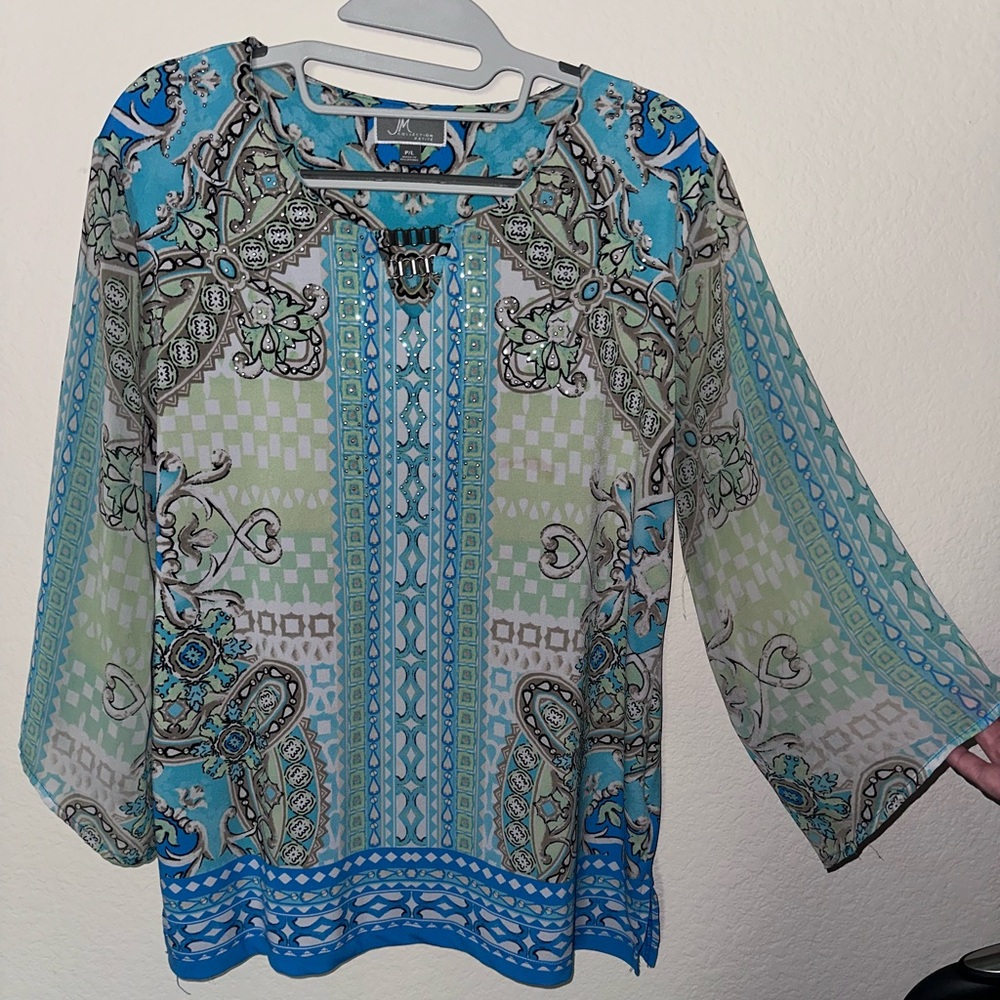 JM Collection Layered Blouse Tunic Top, Sz P/L Colorful Blue/Blk